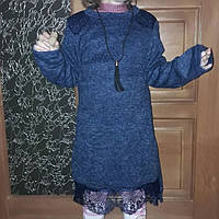 Платье-туника Анжелика для девочки трикотаж ангора 128-134, 140-146см синее + кулон