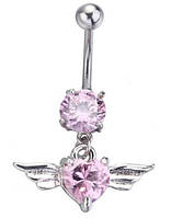 Серьга пирсинг в пупок сердечко с крыльями с розовыми кристаллами