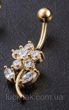 Сережки пірсинг у пупок квітка з білими кристалами, фото 1