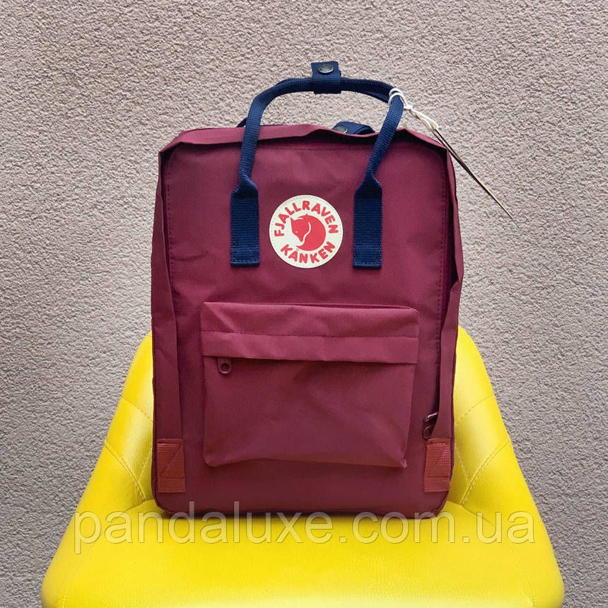 Рюкзак стильний канкен Fjallraven Kanken 16л бордовий з синіми лямками, фото 1