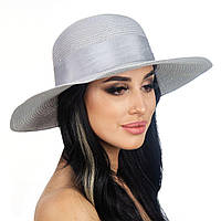 Летняя шляпа поля 10 см украшена атласной лентой с бантом цвет серый