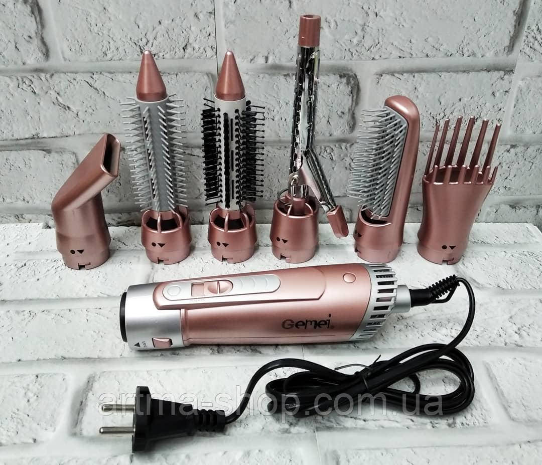 Фен щітка для волосся, брашинг, випрямляч, стайлер, об'єм волосся, 3 температури, 2200 Вт Gemei 7 в 1 Рожевий