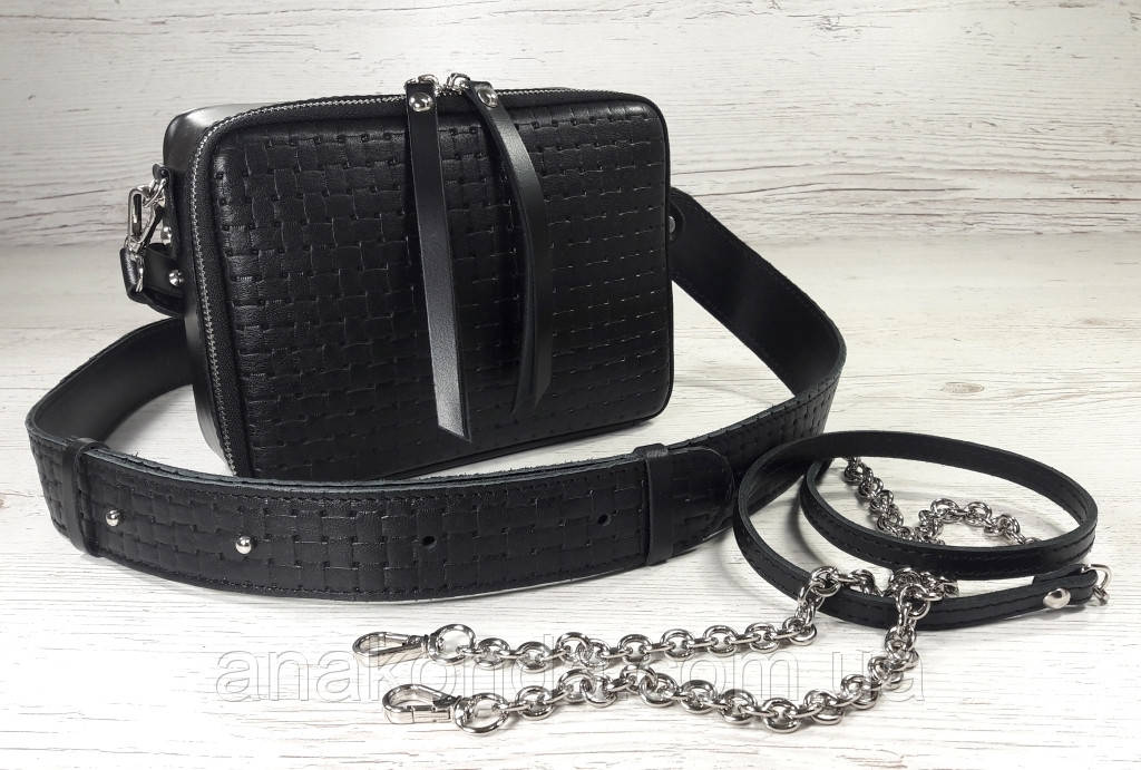 61-2рбв Натуральна шкіра Сумка жіноча через плече Крос-боді на широкому ремені Сумка жіноча шкіряна чорна