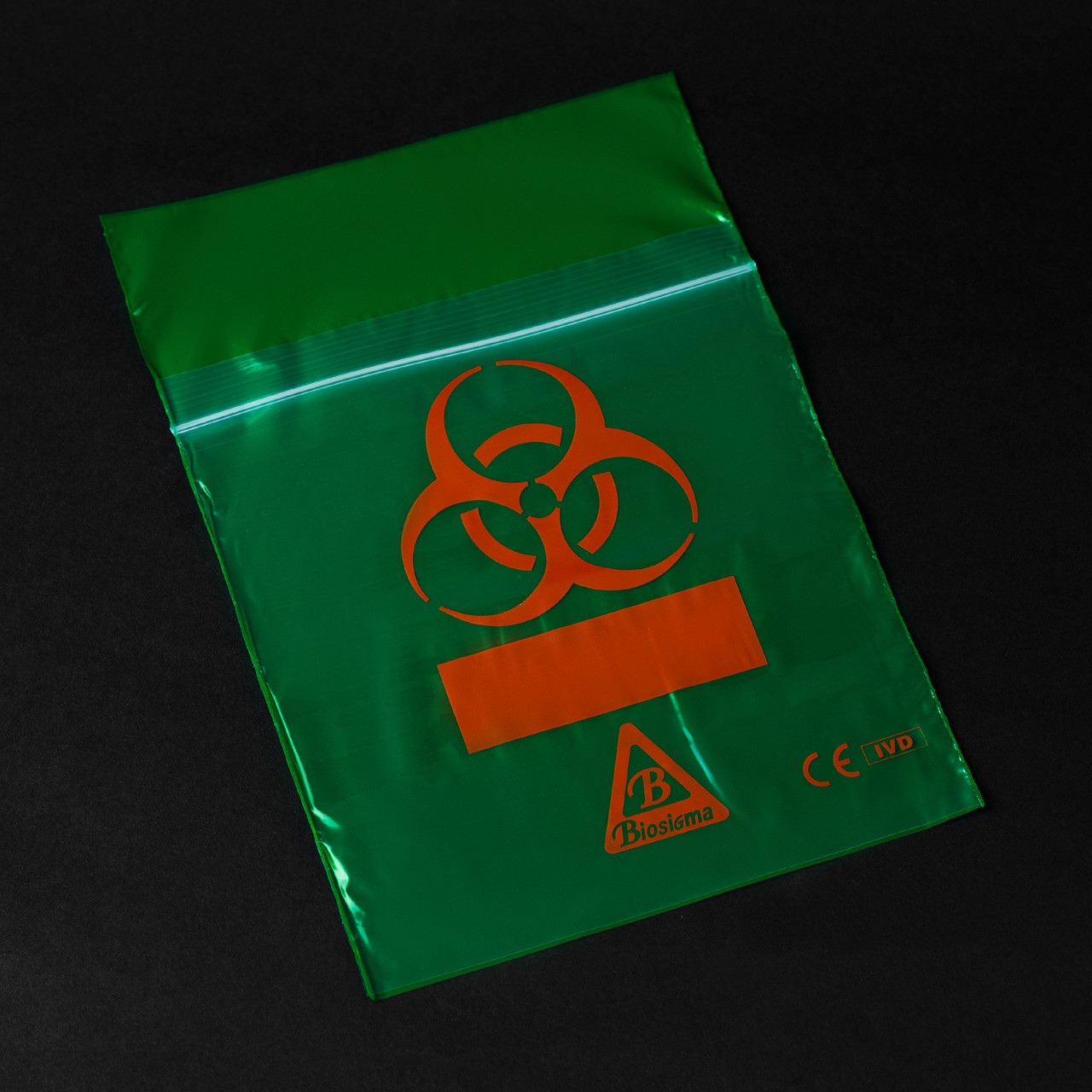 Пакет для транспортування біоматеріаліві з символом «Biohazard», зелений