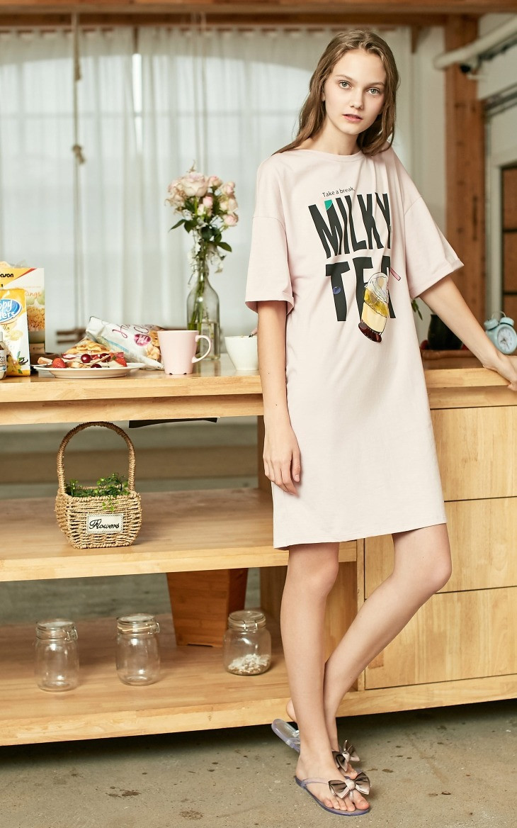 Платье-футболка женское домашнее. Туника хлопковая для дома и отдыха, размер S (розовая) - фото 2 - id-p1122598707