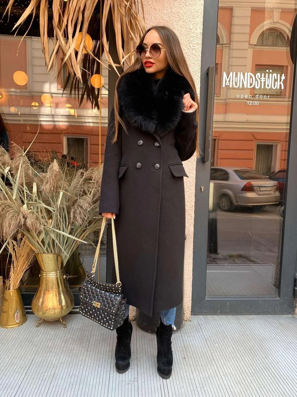 Длинное женское черное пальто с мехом песца 40,42,44,46,48,50 женское ...