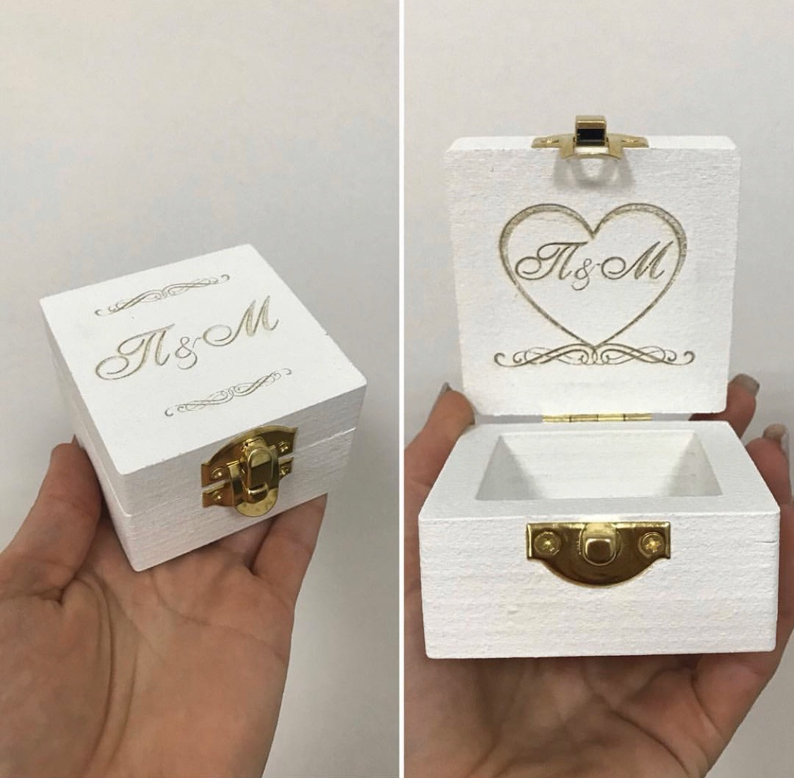 Коробочка скринька для кілець з Ініціалами та датою весілля з дерева з гравіюванням літер Manific Decor Біла, фото 1