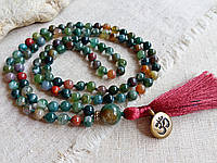 Чотки 108 бусин із Мохової Агат d 6мм з вузлами та символом ОМ