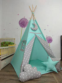 Повний комплект вігв сірий із зеленим універсальний, з м'яким килимком "Зірочки"