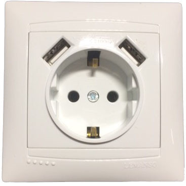 Розетка 1-я з заземленням + гнізда 2 USB LEMANSO Сакура біла LMR1039 (SHLMR1039), фото 1