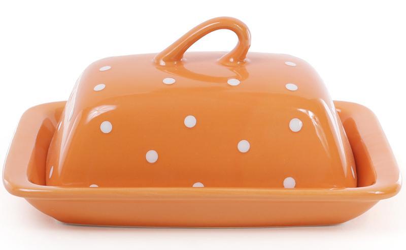 Маслянка керамічна "Білий горошок" 21х12х16.5см, помаранчева, фото 1