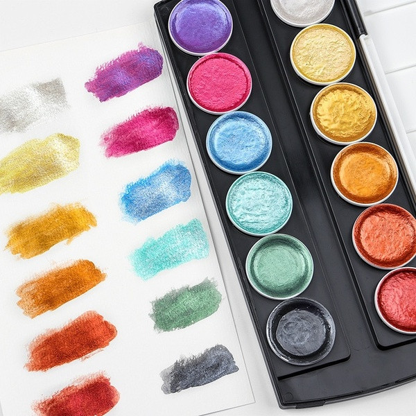 Акварельні фарби для малювання з перламутром металік 12 кольорів, набір для малювання