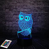 3D світильник з пультом і акумулятором 3D Lamp Сова (LP-2612), фото 8
