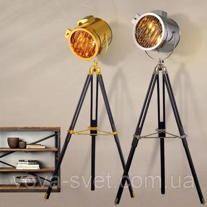 Торшер прожектор [ LOFT RETRO TRIPOD ] CHROME / GOLD
