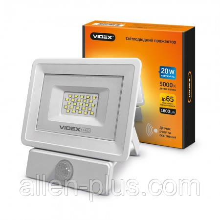 LED прожектор VIDEX VL-Fe205W-S 20W 5000K 220V White (з регульованим датчиком руху та освітленості), фото 1