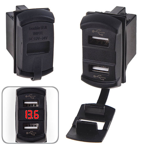 Автомобільний зарядний пристрій 2 USB 12-24 V врізний + вольтметр (10256 USB-12-24V 2,1A RED), фото 1