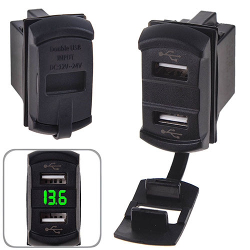 Автомобільний зарядний пристрій 2 USB 12-24 V врізний + вольтметр (10257 USB-12-24V 2,1A GRE), фото 1