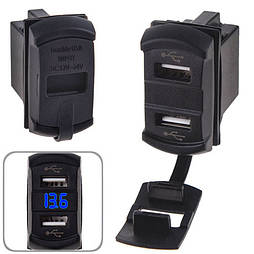 Автомобільний зарядний пристрій 2 USB 12-24V врізне + вольтметр (10258 USB-12-24V 2,1 A BLU)