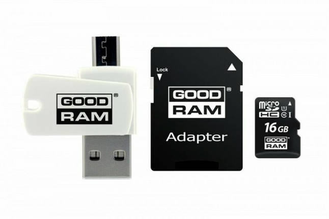Картка пам'яті MicroSDHC 16GB UHS-I Class 10 GoodRam + SD Adapter + OTG Card reader (M1A4-0160R12), фото 1