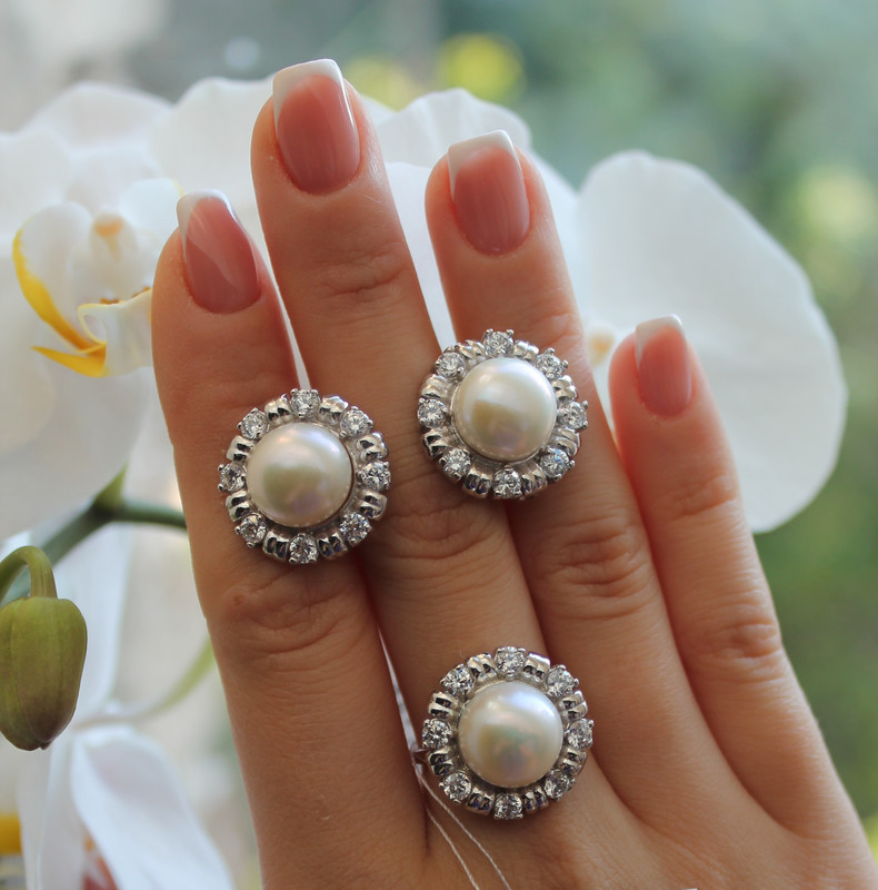 Срібний комплект з білими перлами Перлова ніжність