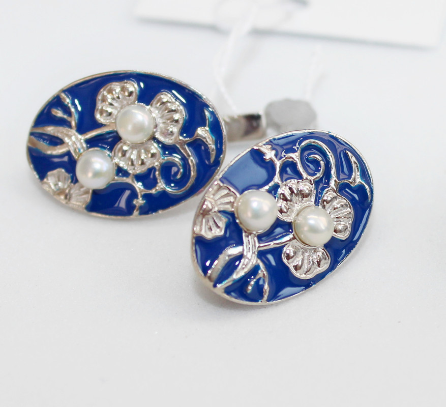 Срібні сережки з синьою емаллю і перлами Flowers