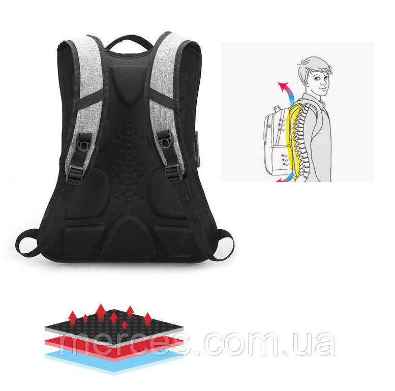 Серый рюкзак с кодовым замком с карманом для ноутбука с USB противоугонный водонепроницаемый нейлон унисекс - фото 7 - id-p1101833757