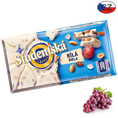 Шоколад білий Studentska (арахіс і родзинки), 180 г, Чехія