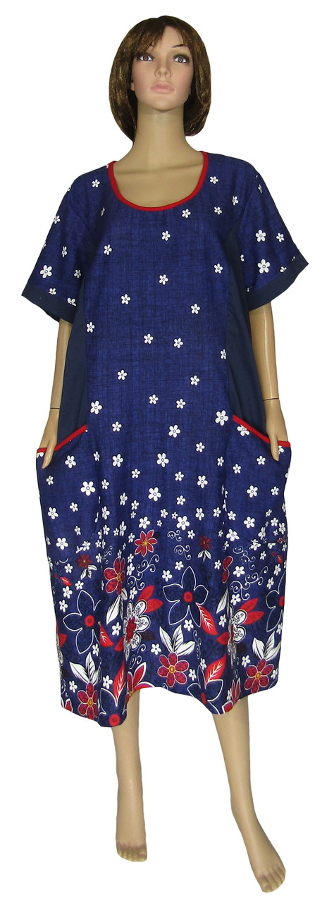 Плаття жіноче трикотажне з поясом і кишенями 03471 Lana Batal котон Темно-синє з червоними квітами