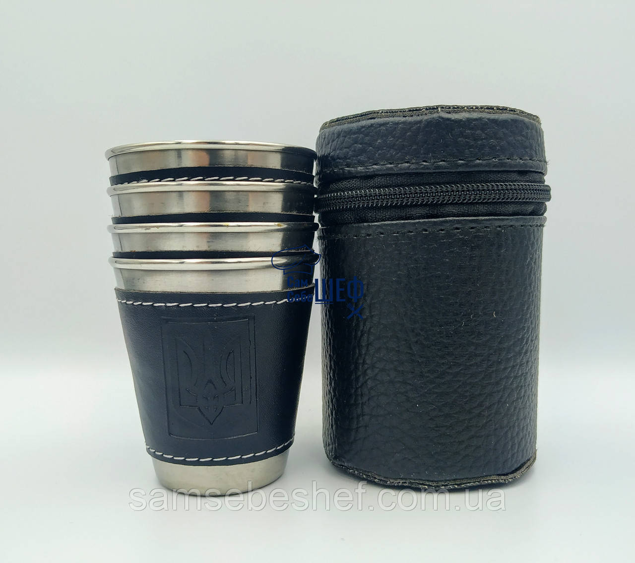 Набір дорожніх сталевих стопок 4 шт в чохлі 70 мл GA Династія 10142, фото 1