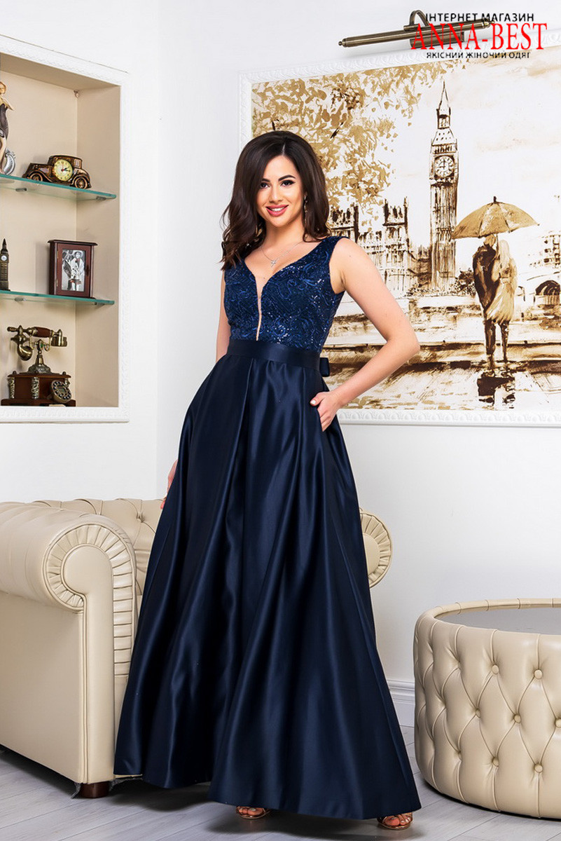 Синее атласное платье в пол вечернее "Николь" / anna-best.com