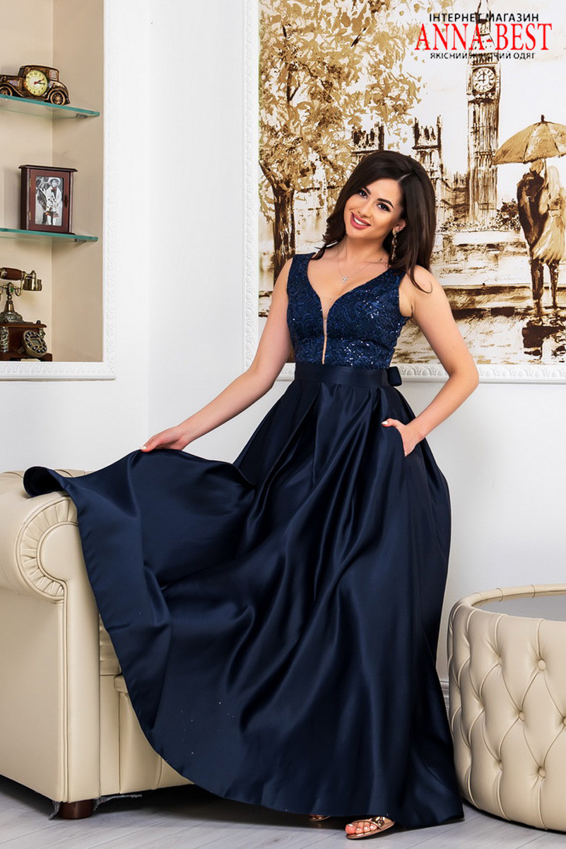 Синее атласное платье в пол вечернее "Николь" / anna-best.com