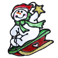 Новогоднее украшение - наклейка на окно снеговик на санках, 19x14 см, разноцветный, силикон (000548-3)