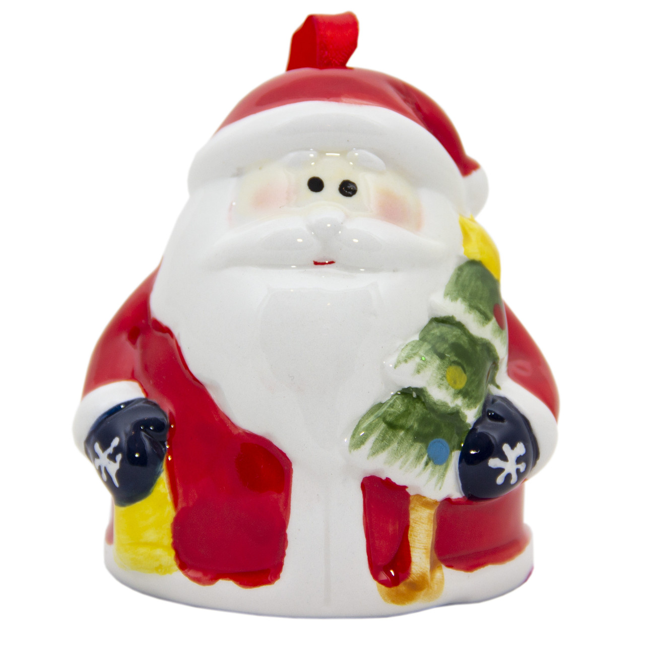 Новорічна ялинкова іграшка - фігурка Дід Мороз з дзвіночками, 8 см, червоний, кераміка (021802)