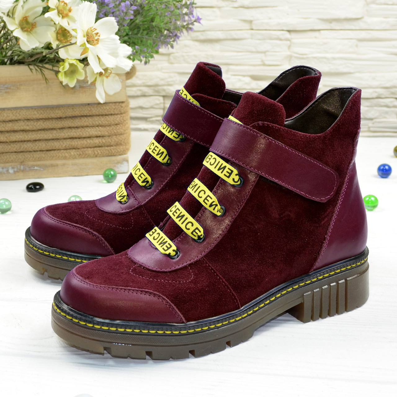 Черевики жіночі на товстій підошві, колір бордовий, фото 1