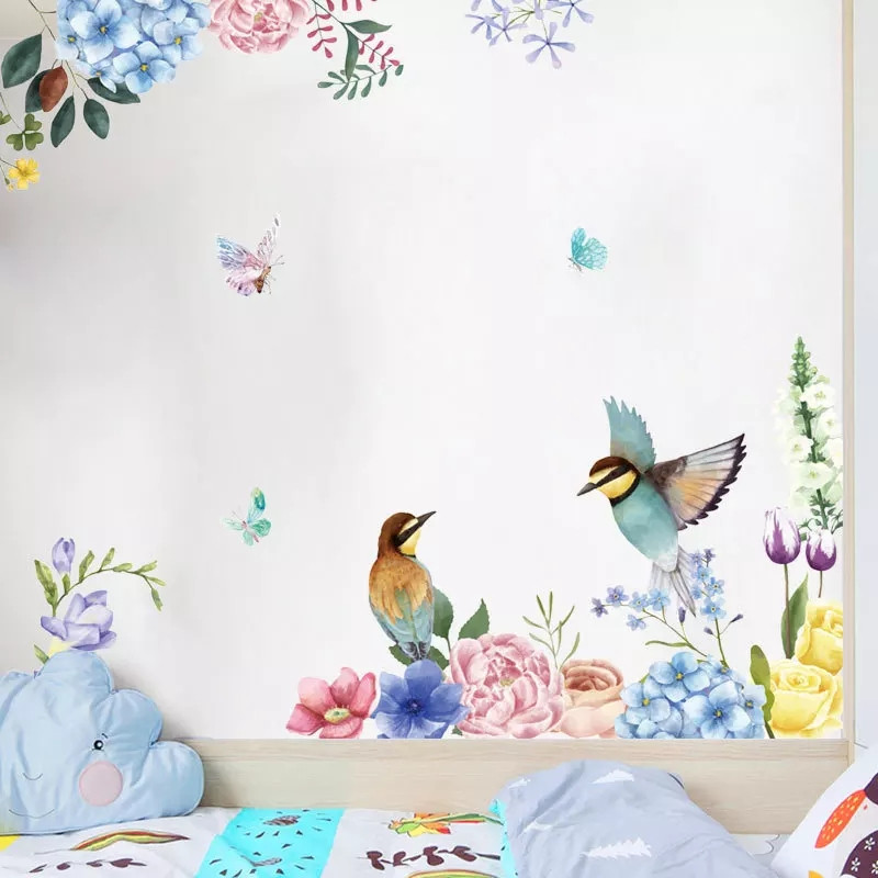 Наклейка на стіну, виртину "птиці у квітах", наклейки на шафу, на скло 94см*110 см (лист 60*90см)