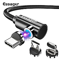 Кабель для зарядки телефона магнитный угловой USB Essager 3 в 1: Type-C, Micro, Lightning1 метр.