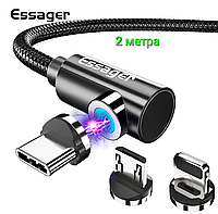 Кабель для зарядки телефона магнитный угловой USB Essager 3 в 1: Type-C, Micro, Lightning. 2 метра.