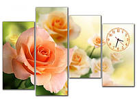 Эффектная розовая модульная картина часы, 4 части, в зал ReD Неповторимые розы, 120х84 см