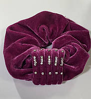 Розовая Фуксия резинка для волос бархатная велюровая широкая объемная Фуксия малиновая велюр со стразами
