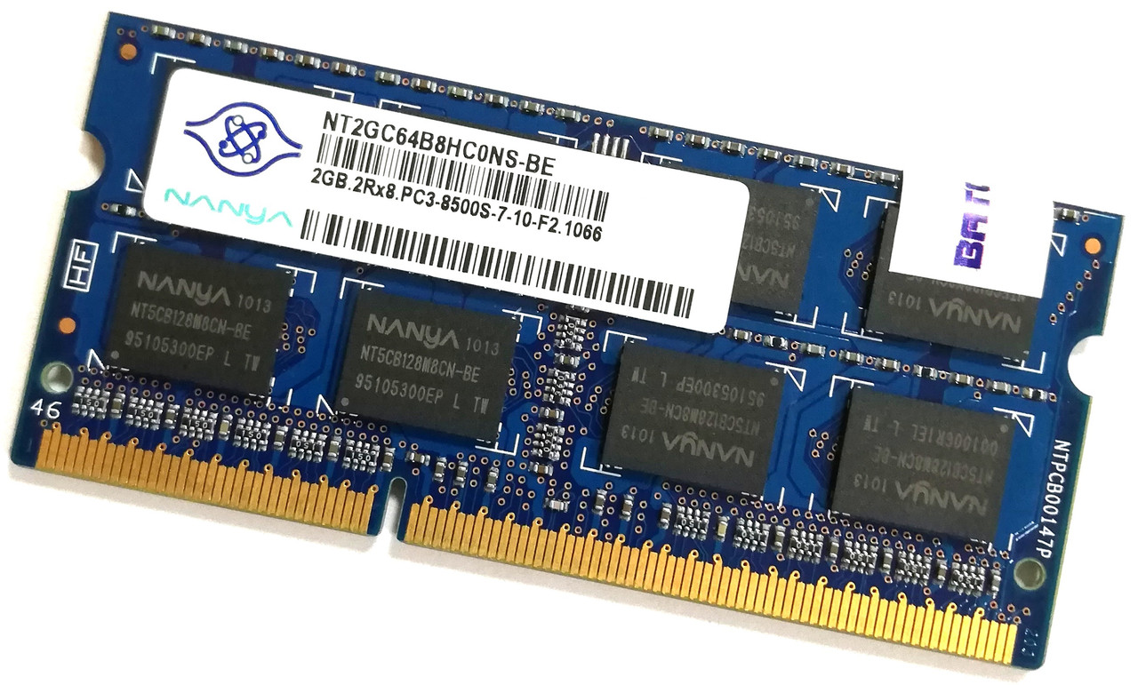 Оперативна пам'ять для ноутбука Nanya SODIMM DDR3 2Gb 1066MHz 8500s PC3 2R8 CL7 (NT2GC64B8HC0NS-BE) Б/В