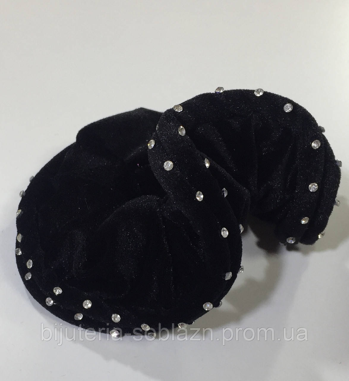 Черная резинка велюровая бархатная для волос Черный велюр с белыми стразами 2 ряда широкая объемная - фото 2 - id-p1124835686