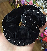 Черная резинка велюровая бархатная для волос Черный велюр с белыми стразами 2 ряда широкая объемная