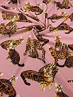 Стрейч вискоза (Soft) (ш 145 см) коты на розовом фоне для платьев, блузок,платьев.
