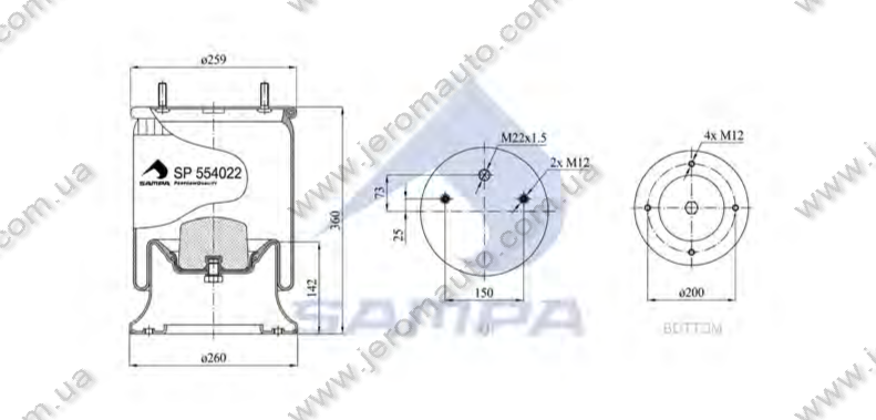 Пневморесора зі склянкою в зборі (сталь) 4022NP03 SAF 2618V (2 шп. М12мм,1 отв. М22х1.5мм) \SP 554022-K