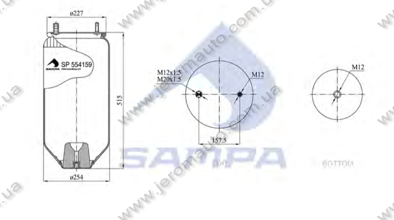 Пневморессора без стакана ROR 1DK23L27, 4159NP03 (4 шп. M12, 1 штуцер M12, 1 штуцер M12/20) (d240x522) \SP