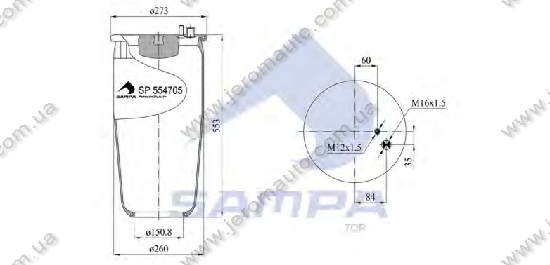 Пневморессора без стакана 4705N1P01 MAN TGA TGX TGS моста подвесного (1шп.+1возд.шт.) \81436010155 \ SP 554705, фото 1