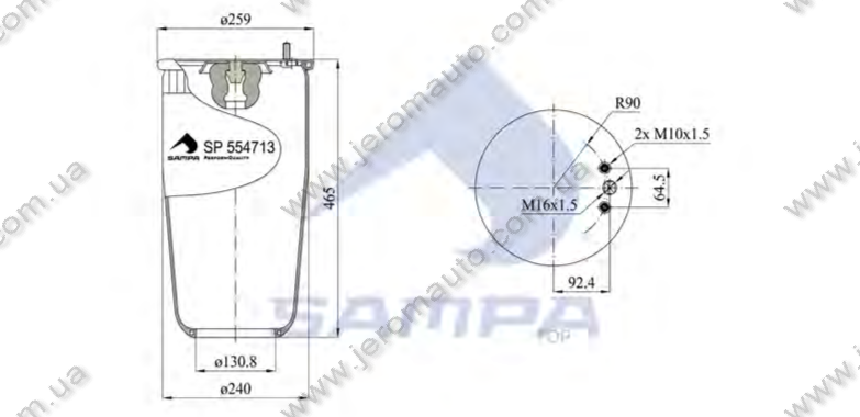 Пневморесора без склянки 4713NP04 VOLVO FH12,FM,FL (1 вилка 6мм,1 отв. М16х1.5мм+2 шп. М10мм) (d259x450), фото 1