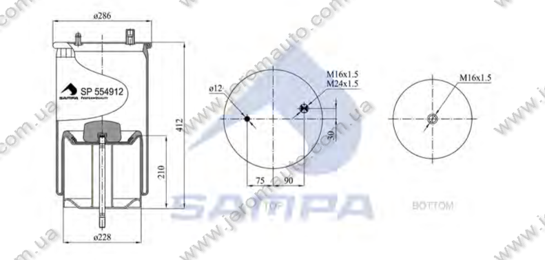 Пневморесора зі склянкою в зборі (сталь) 4912NP10, Renault Magnum, Premium (1 шп. M12,1 шп.-шт. М1624х1.5мм), фото 1