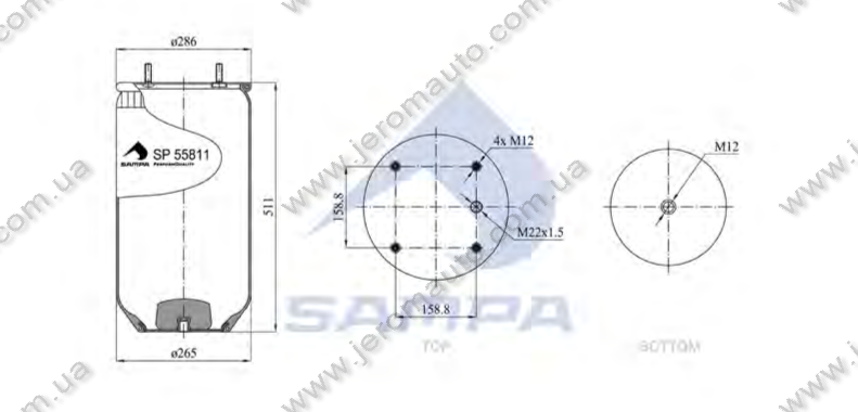 Пневморесора без склянки 811MB, 3811-02 P, Mercedes, DAF (d265x500 mm) \SP 55811, фото 1