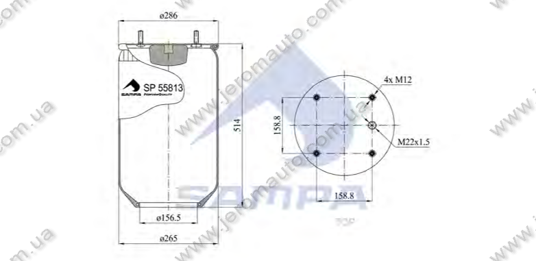 Пневморесора без склянки SAF/Trailor/МАЗ/ROR, 813MB/O (4 шп. M12, 1отв. штуц. М22х1.5мм) \SP 55813, фото 1